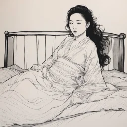 [An ink drawing on paper of Hotei] Dana lies on her bed, possessed by Zuul, she is waiting for the The Gatekeeper. she wears a transparent linen dress