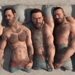 close up 35mm lens, top view of three gipsy prisoners 45 years old sleeping laying down inside a dirty jail, ugly, bullneck, strong beefy, in tank top, manly chest, tattoo, misery and poverty, photorealistic, ultradetailed, 32