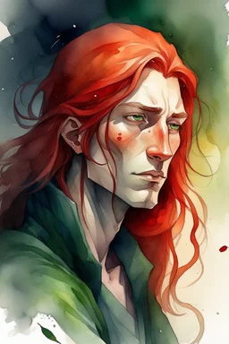 dnd, fantasy, watercolour, large strokes, stylistic, portrait, illustration, dull colours, male, face, narrow long face, weathered face, green eyes, determined, happy, red hair, very long hair streaming down the shoulders, radiating light, five o'clock shadow