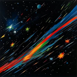 A black outer space with fast shooting stars painted by Karl Wiener