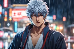 Gintoki in 8k 2D anime realistic drawing style, Japanese costum, close picture, rain, japan, neon, highly detailed, high details, detailed portrait, masterpiece,ultra detailed, ultra quality