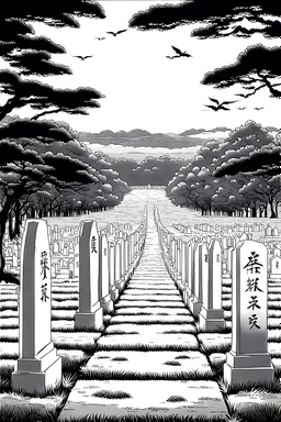 landscape, Japanese open air flat cemetery with thousand gravestones, high detail, manga style, grayscale