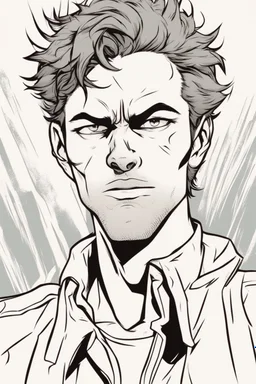 deranged young man with scruffy hair, stubble and a judgmental look on his face comic book style