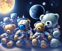 little boy and big teddy bears on moon. drifting in old bmw. oil on canvas