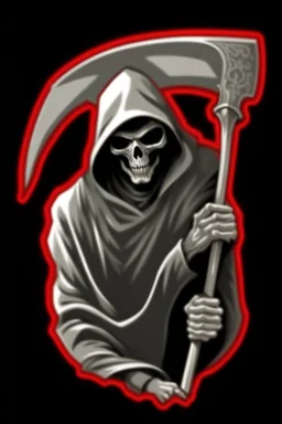Grim-Reaper gripping scythe, vignette, black and white graphic novel style with a red outline, and black background,