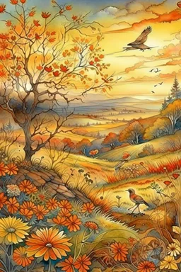 Art by joachim beuckelaer, Watercolor Vintage Style, vintage, full sunset, an ultra hd detailed painting of autumn, full moon, golden clouds, birds at the sky, decent wildflowers, orange and golden clouds, "art style that combines the elegance of line art with the vibrancy of watercolor wash. The artwork is highly detailed, with sharp focus and smooth transitions. The overall feeling is dynamic and highly polished, influenced by the works of Carne Griffiths, Wadim Kashim, an