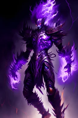 purple flame humanoid lightning demon in armour full body and flaming hair