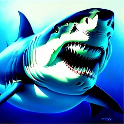 Great White Shark oil on canvas, perfect composition, perfect anatomy, perfect contrast, intrincate detail, intense stare, realistic, by Caravaggio