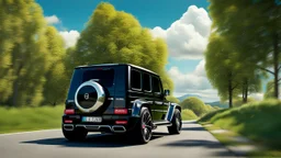 A sleek rear view of (((a cross of G-Wagon and bugatti veyron))), on street, with hill and trees around, a beautiful clouds and sunny weather, 4K, Superdetailed, No mistakes