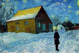 Old woman in front of small farmhouse. Winter. Van Gogh style