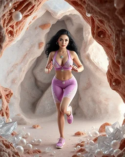 make a picture pretty crystal cave covered with jwellary and 3d recursive cubic and sphere base pearls and a beautiful goddess lady with cute,curvy hair,makeup, in pretty sports suit with jewels is running inside cave ,dynamic camera fallow her inside cave capturing full body, dynamic lights.