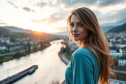 Create hypeCreate hyper-realistic photo of [Swiss] hills ,river, escape . Soft bright daylight, . DSLR quality, sharp focus.r-realistic photo of [Swiss] city scape. . Sunrise cloudy sky godrays ,beautiful lady in closeup ,full body. DSLR quality, sharp focus.
