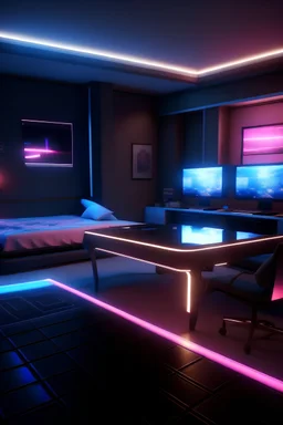 A room for game players contains a bed and a large desk with computers. The room is designed lengthwise. It contains pink and blue lighting and black and gray furniture. It contains a lot of lighting.