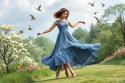 very beautiful lady with makeup curvy hair pretty jeweled lace gray blue dress high heels, full body dancing gracefully in heaven like country side with dreaming trees flowers in a furistic world,birds