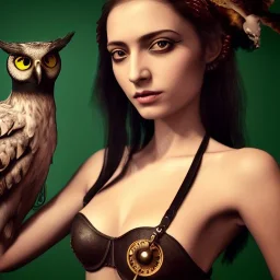 hyper realistic, young cute girl, short black air, green eyes, holding a owl, black batterfly tatoo on arm, dressed a steampunk pirate, bra with carved leather. ships wrecks background, salvador dalì style. high details. 4k, unreal engine