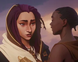 A brown women hooded robe covers a white woman with brown dreadlocked hair. Her chicks are blushing while she smiles, above her is a golden halo. From behind her, two black hands with long fingers, the right one pointing to the sky and the left one to the floor.