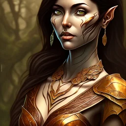 dungeons and dragons, female wood elf, druid, brown hair, brown eyes, full body, realistic face, short hair, hair tied back, large nose, closed mouth, leather armor, face scars, dark skin