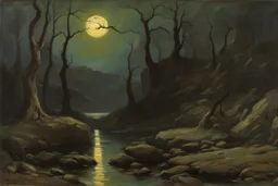 night, rocks, mountains, dry trees, gothic horror films influence, henry luyten and auguste oleffe impressionism paintings