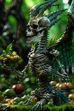 terrifying winged lich skeleton dragon with rattle snake head in deep swampy jungle breathing magical fruit soup, in the style of fantasy movies, photorealistic, shot on Hasselblad h6d-400c, zeiss prime lens, bokeh like f/0.8, tilt-shift lens 8k, high detail, smooth render, unreal engine 5, cinema 4d, HDR, dust effect, vivid colors