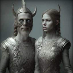 A viking boy and a girl, hr giger, scary, steam punk, realistic, made in octane, cinematic, ultra-realistic, extremely detailed octane rendering, 8K, VRAY Super Real ar 2:3, dof photorealistic futuristic 50mm lens hard lighting dark gray tintype photograph, realistic lighting, sepia color