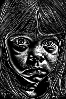 "(high resolution) (dramatic portrait), (little girl), (harsh light), ((up the nose:1.25)), (intense shadows), (contrasting tones), (close-up), (edgy expression), ((emphasized features)), striking eyes, (unique angle), (bold composition), (intense mood), ((contoured features)), (strong personality), (realistic skin texture), (professional photography), (edgy fashion), (creative makeup), ((intense gaze)), (fierce beauty), (sharp details), ((fashion model)), ((high cheekbones)), (intense highlight