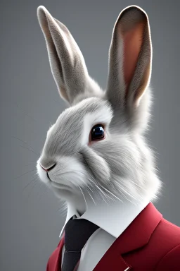 Anthropomorphic rabbit with grey suit and hyper-realistic 8k tie