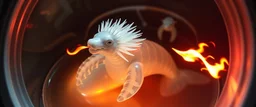 The image depicts a fantastical dolphin snow soup, specifically a transparent with neon plasma aura, with a unique and whimsical appearance. The seal dragon spitting flames is positioned in a circular frame, which suggests it might be inside a container or a vessel. The dragon's body is elongated and has a segmented appearance, with a detailed texture that gives it a realistic look. Its head is covered with white, spiky hair, adding to its fantastical charm. From the weird dragon lab.
