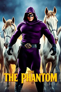 Movie Poster - ((("THE PHANTOM"))), extremely thick, muscular, 6'6'' 18-year-old Billy Zane with extremely exaggerated muscles as the Phantom, long-sleeved, textured, padded purple cotton bodysuit with skintight, formfitting textured purple cotton cowl with ((black eye mask)) and widow peak, black gloves and wrist gauntlets, black boots, double holstered utility belt, skull-shaped belt buckle, glowing, white eyes, standing next to his white horses, captured in a breath-taking explosion of color,
