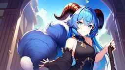 Girl, blue hair, goat horns, goat tail, clearing