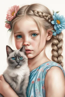 beautiful little girl making a kissing face, hair in messy braids with flowers, with a Siamese cat kissing her cheek, very amber eyes, white background, soft lighting, high detail, hyperrealistic, charcoal drawing, art in the style of Lilia Alvarado, Artgerm, and Greg Rutkowski.