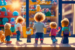 a little boy with curly blond hair is standing with his back to us, looking at toys (stuffed animals, building blocks, trains, legos, rocking horses) in a toy shop window Nikon D850 digital painting fantasy 4k very attractive fantastic view ultra detailed 4K 3D cinematic postprocessing in sunshine