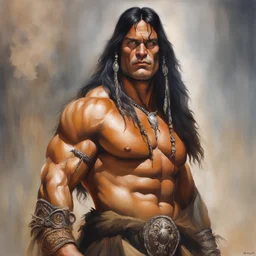 Conan the Barbarian dressed as an extremely muscle-bound Superhero, dark, multicolored watercolor stained wall in the background, oil painting in the art style of Boris Vallejo, 32k UHD, Hyper realistic, photorealistic, realistic, sharp, highly detailed, professional quality, beautiful, awesome, majestic, superb, trending on artstation