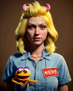 Portrait, waitress woman with monster muppet mask that covers her entire head, retro style, Sesame Street style, blonde, smooth, unreal engine 5, god lights, ray tracing, RTX, lumen lighting, ultra detail, volumetric lighting, 3d.