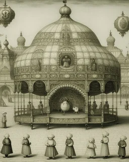 A light gray Russian like carnival with mechanical rides designed in Matryoshka dolls painted by Albert Pinkham Ryder