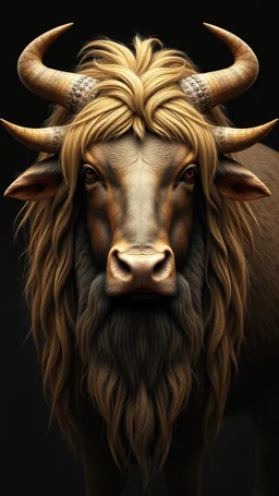 A bull with human face with long hair and beard like ancient Sumerian