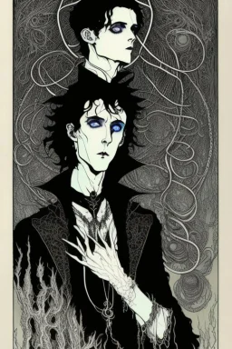 black haired young man necromancer wizard with gothic jewelry and tentacle fingers in the style of Harry Clarke