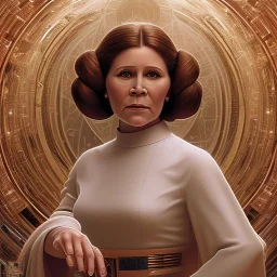 hyperspace background, complete and photo realistic detailed head to waist stunning photo realistic portrait of carrie fisher as Princess Leia in star wars with photo realistic updo hair by Mandy Jurgens and mucha and Richard Schmid and chuck close and chie yoshii, extraordinary and detailed ceremony dress of star wars,brown eyes