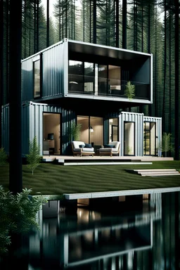 Medium sized, modern house in the woods made from shipping containers, photorealistic