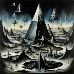 photogram of different levels each with a unique terrain, levels are circular pyramidal and square, expansive, sinister, dark vibrant colors, surreal, by Yves Tanguy, by Denis Forkas, by Ashley Wood, smooth matte oil painting, meander art