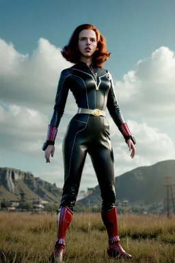 retro portrait image from 1960, sky background, wind, long red hair, fighting stance, sweet young Scarlett Johansson, black dress, classic long tight lycra black suit, gold bracelet and belt, high heel boots, superhero style, black widow, soft color, highly detailed, unreal engine 5, ray tracing, RTX, lumen lighting, ultra detail, volumetric lighting, 3d, finely drawn, high definition, high resolution.