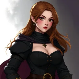 pretty girl, conventionally attractive, dark clothes, tight top, medieval, sorcerer, hazel hair, digital art