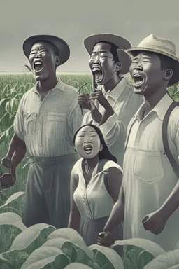 a asian, black, white, latino group of farmers singing in the farming field