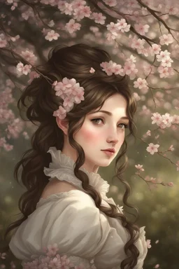 Beautiful Girl in the garden, 18 century, brunette, literally dark hair, dark eyes, fat, smell of sakura, rest, detailed face, england, she is staying under the tree