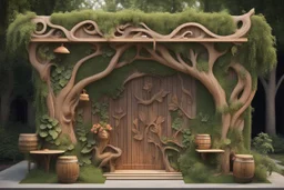 Декор и оформление: На фасаде можно разместить резные деревянные панели с изображениями сказочных персонажей: Бабы Яги, Лешего, Русалок и других. Используйте элементы флоры: плетёные лозы, деревянные бочки с цветами, кусты и деревья, чтобы создать ощущение, что кафе находится в самом центре леса. Ландшафтный дизайн: Вокруг кафе можно создать сказочный сад с аллеями, выложенными камнями, и фонтанами, где будут плавать уточки. Добавьте скамейки и столики из натурального дерева, окружённые цветам