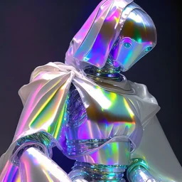 a robot wearing a iridescent cloth