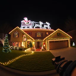 photograph taken by a gopro camera of a suburban house with an insanely detailed Chistmas light display lit up at night. Christmas lights on everything, Santa's sleigh and reindeer on roof all lit up with individual christmas lights,