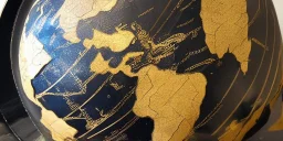 fantasy world globe, black marble, gold inlay detail