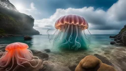 Ground-level shot of exotic giant jellyfish's with tentacles on a rocky shoreline, cloud trees, and cliffs