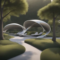 Parque, árboles, senderos, kioscos, bancas, sillas, gente, Arquitectura minimalista estilo Zaha Hadid, calidad ultra, 3D 8k