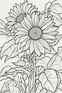 flowers coloring page for kids, sunflower, cartoon style, thick outline, low details, no shading, no color